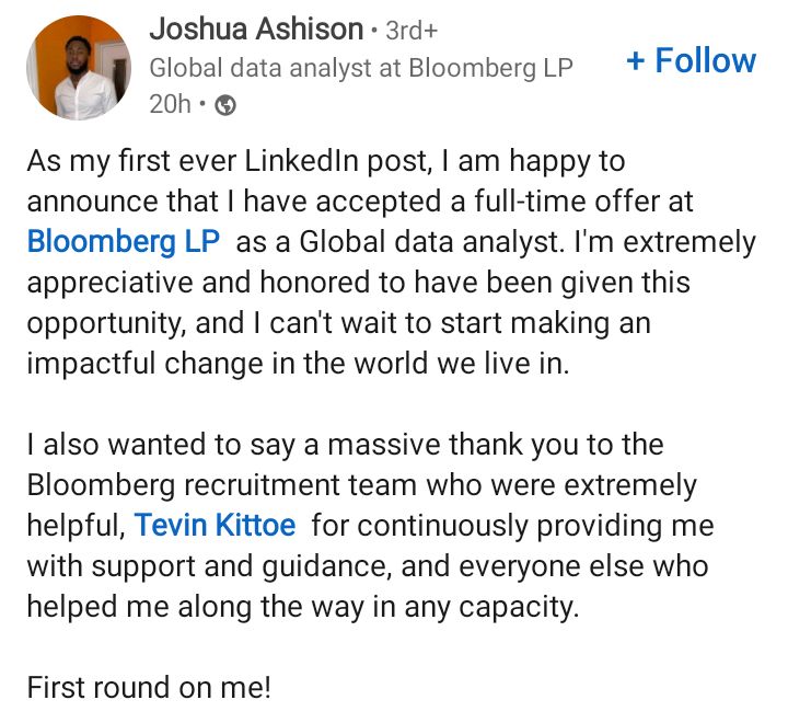 Man Lands Job At Bloomberg As A Global Data Analyst Says He S Extremely Appreciative And Honored For The Opportunity Elorasblog